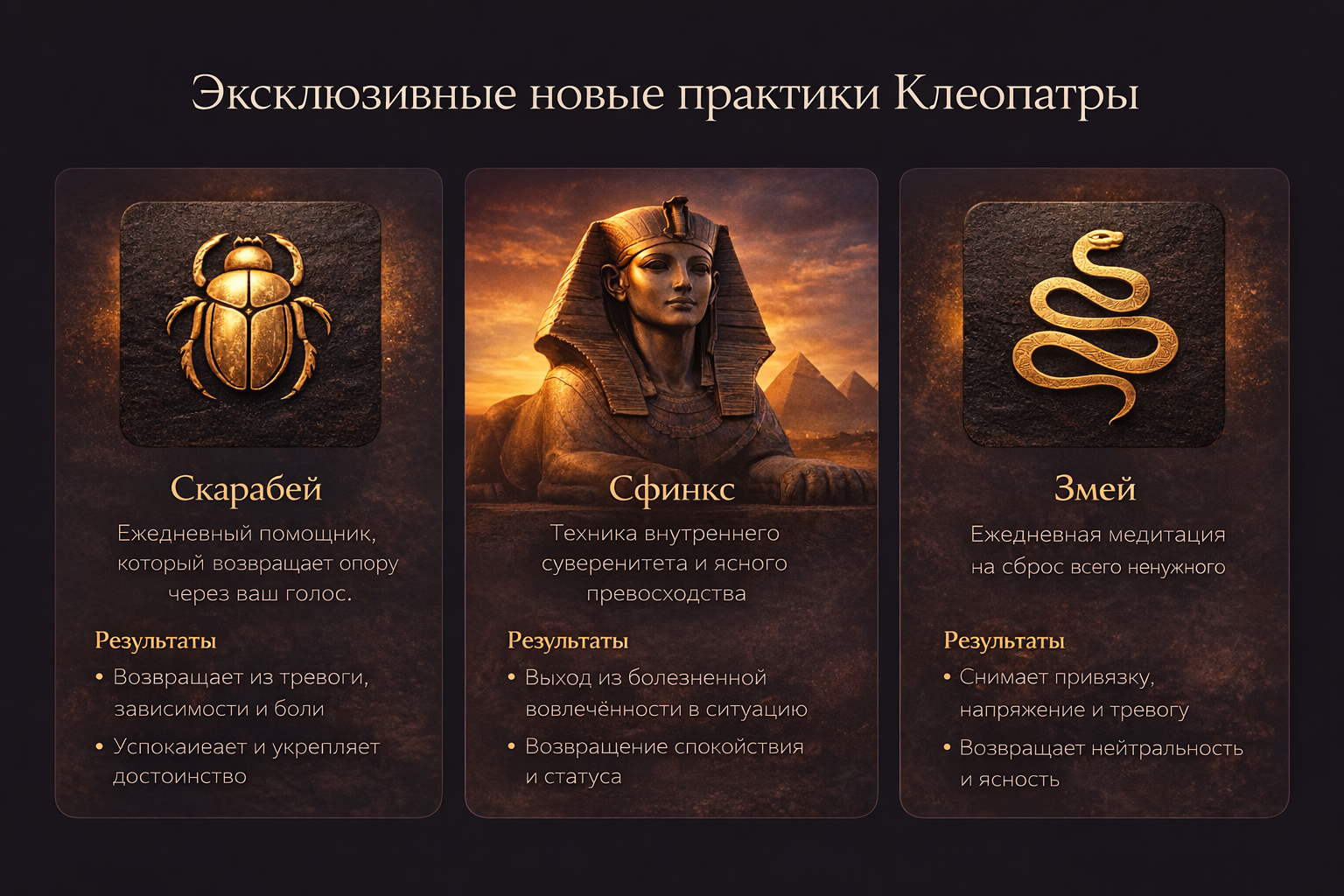 Эксклюзивные новые практики Клеопатры: Скарабей, Сфинкс, Змей
